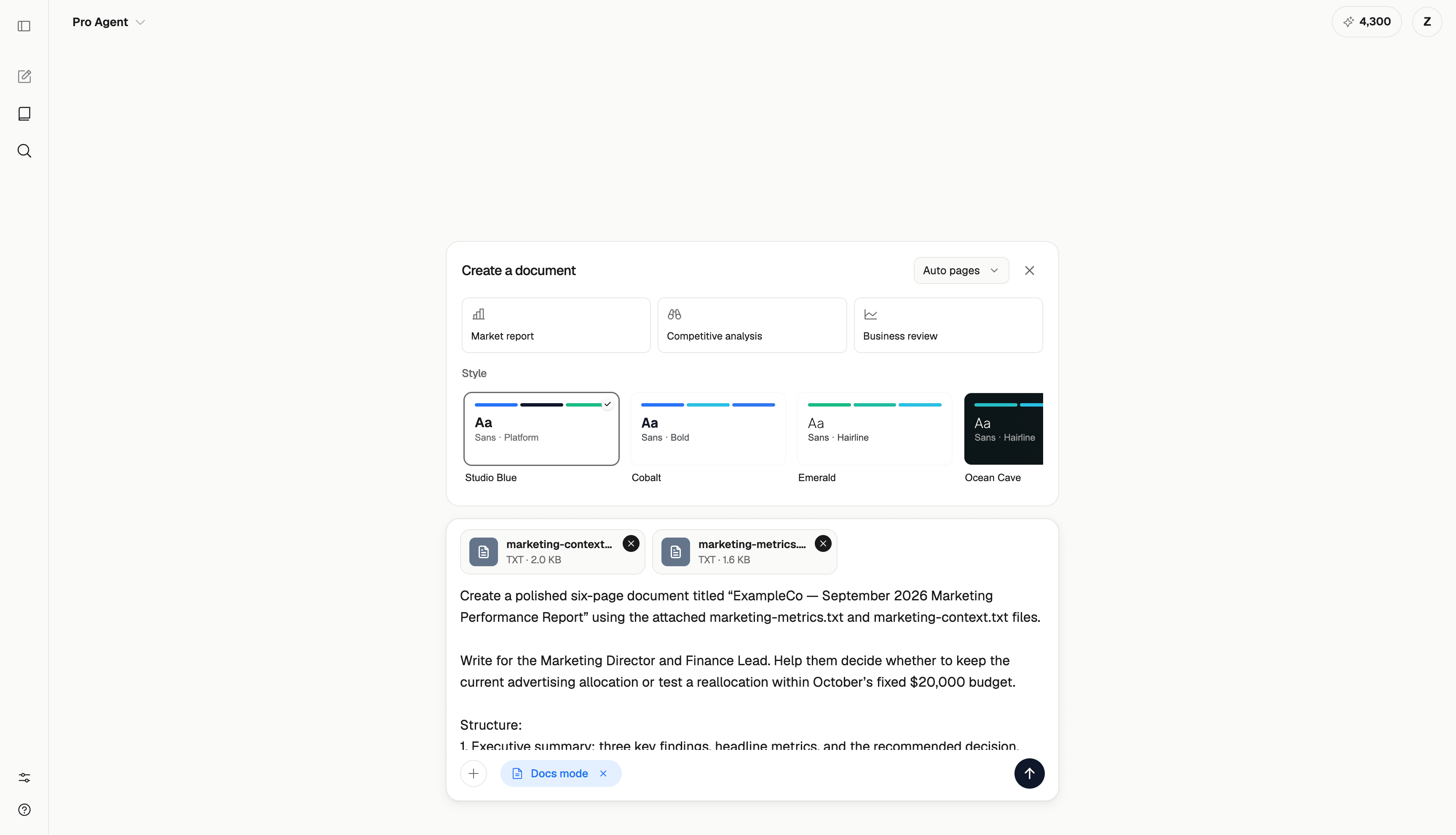 ML Clever Docs mode with marketing-context.txt and marketing-metrics.txt attached, the report prompt entered, and Studio Blue selected.