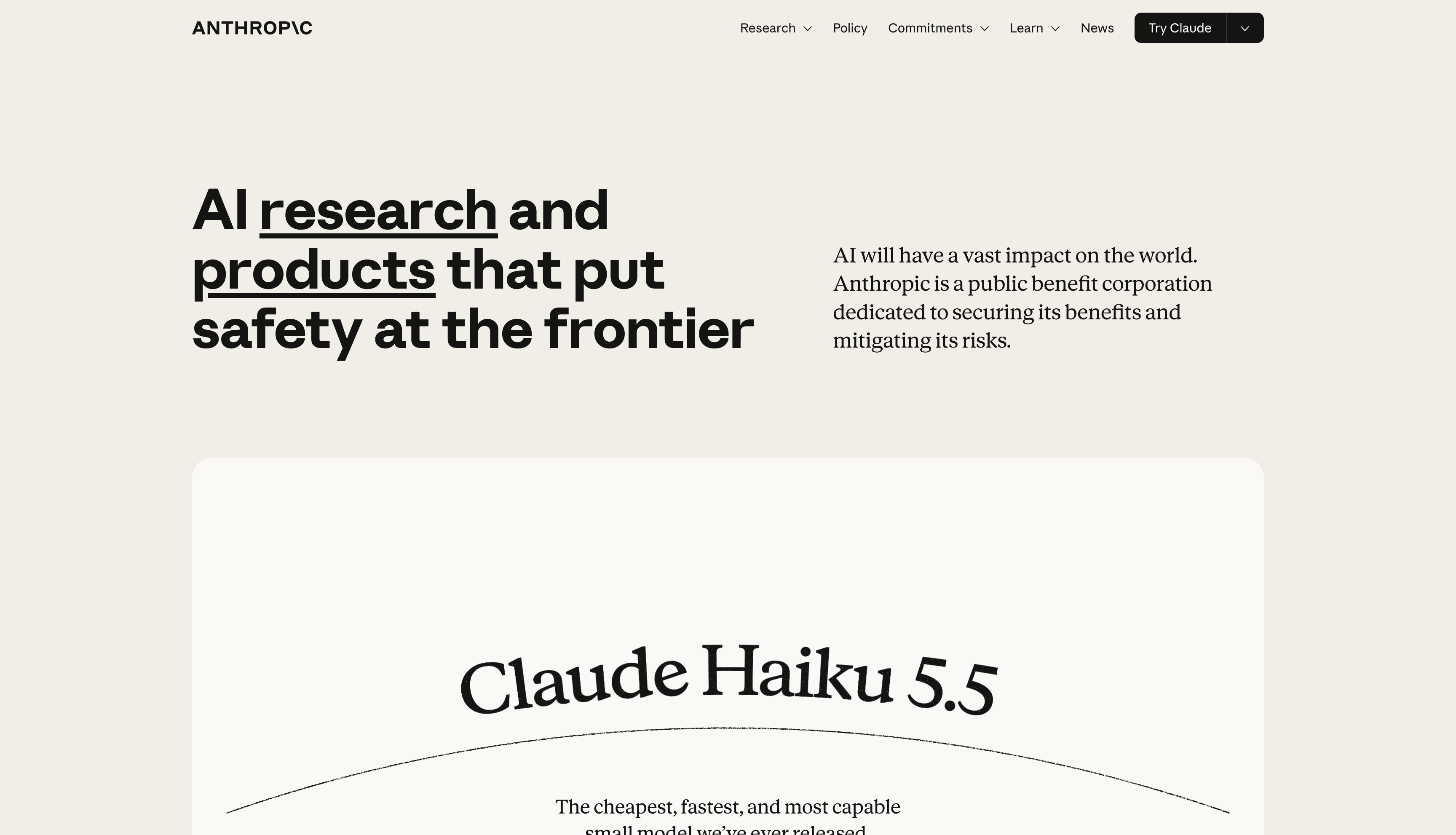 Anthropic's homepage introducing its AI research and products, with a Try Claude button in the navigation.