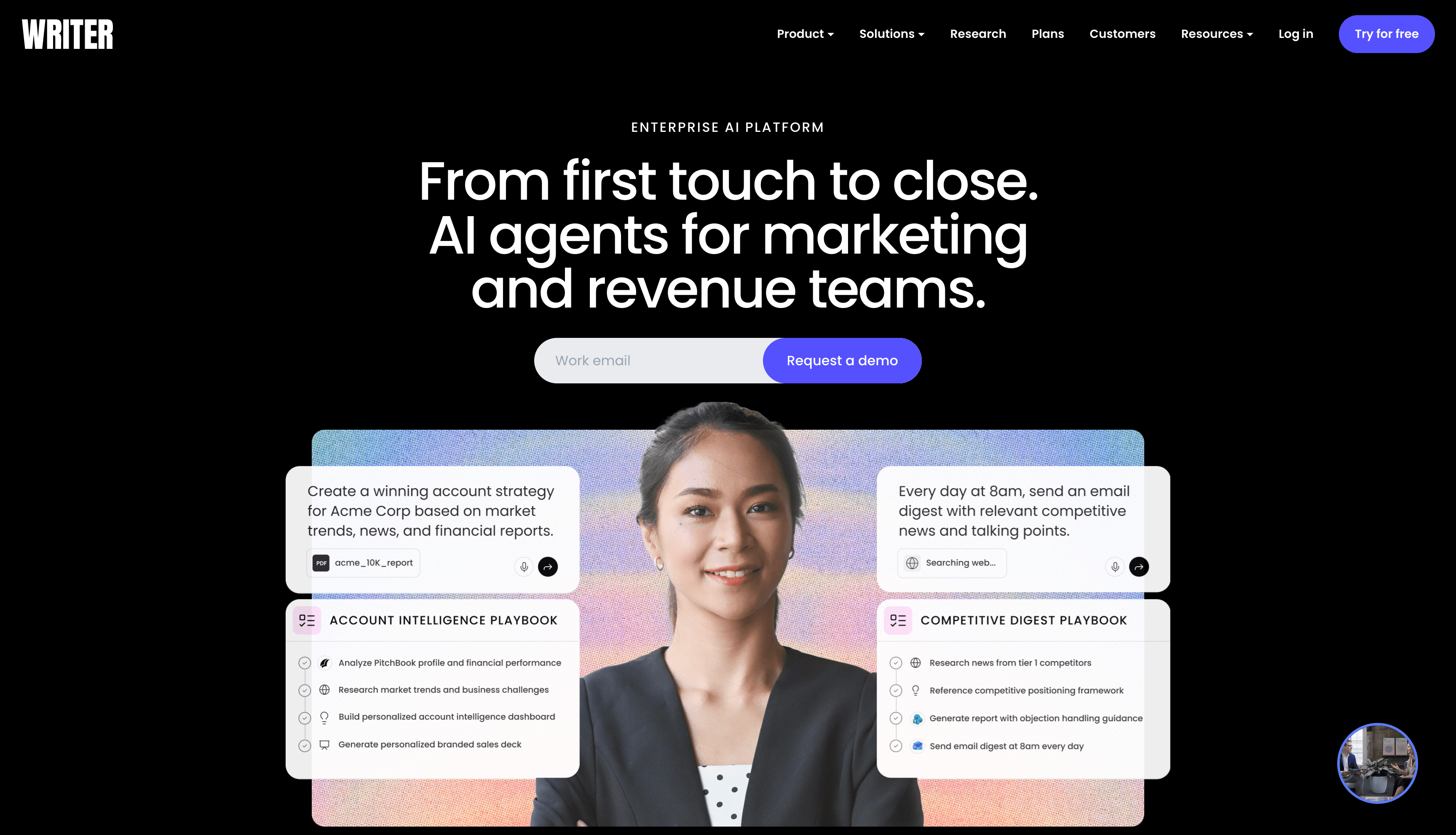WRITER's enterprise AI platform page showing account intelligence and competitive digest playbook examples.