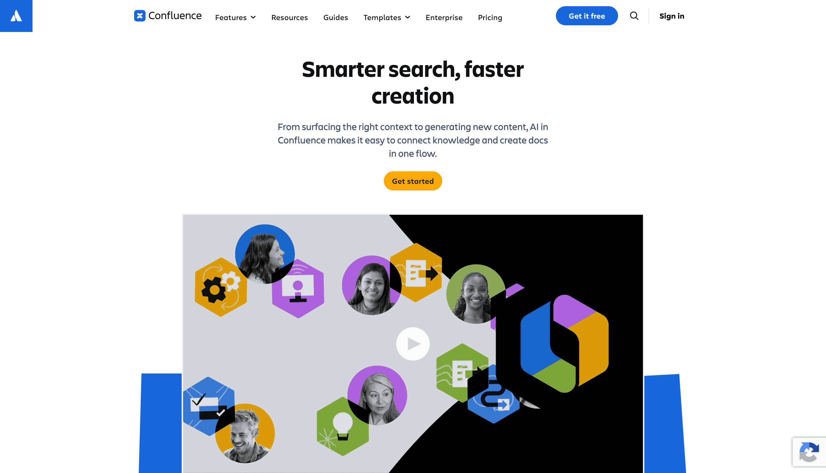 Confluence AI features page introducing search and content creation, with a Rovo video preview.
