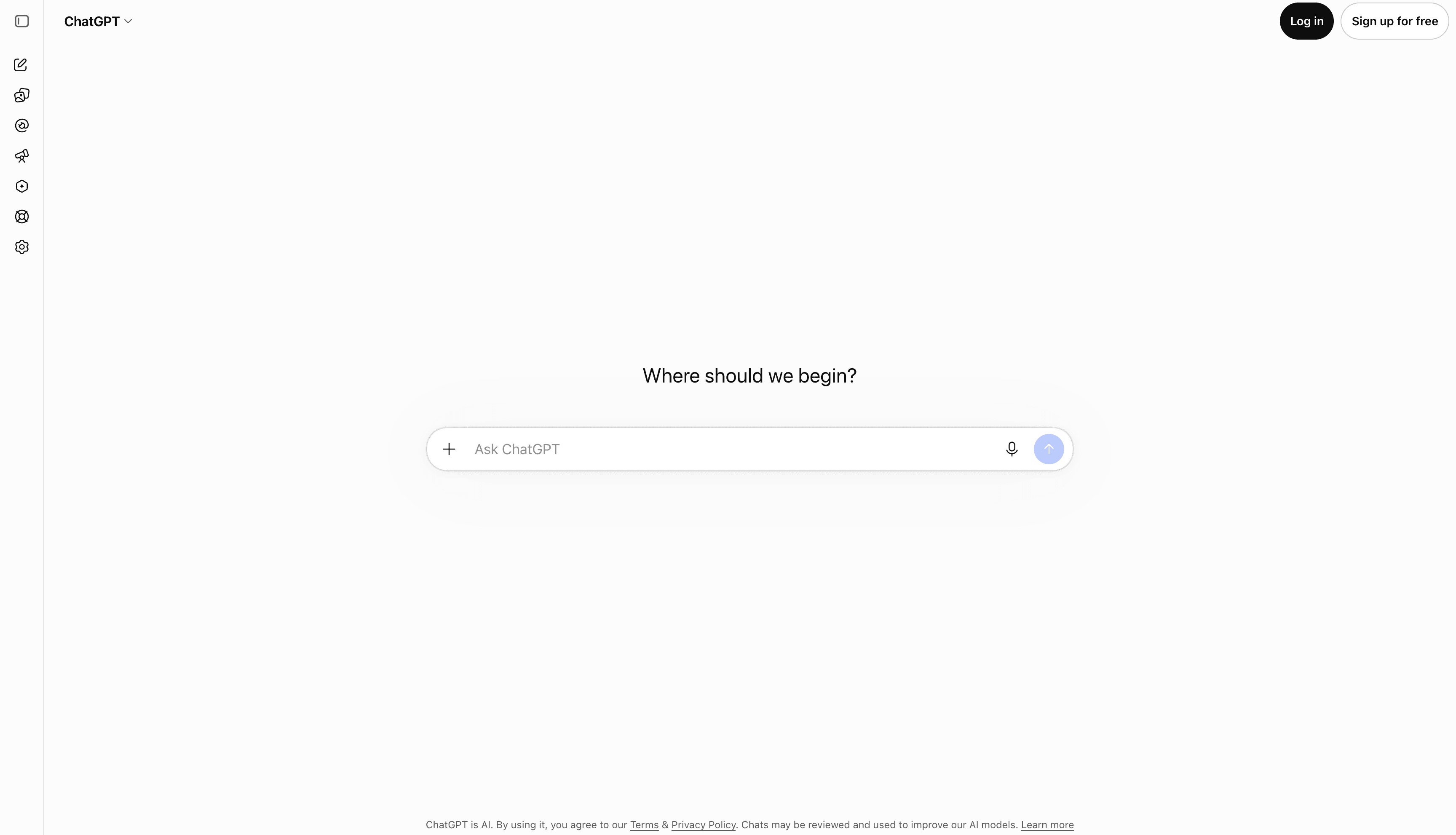 ChatGPT's logged-out starting screen with an empty prompt field and login and signup buttons.