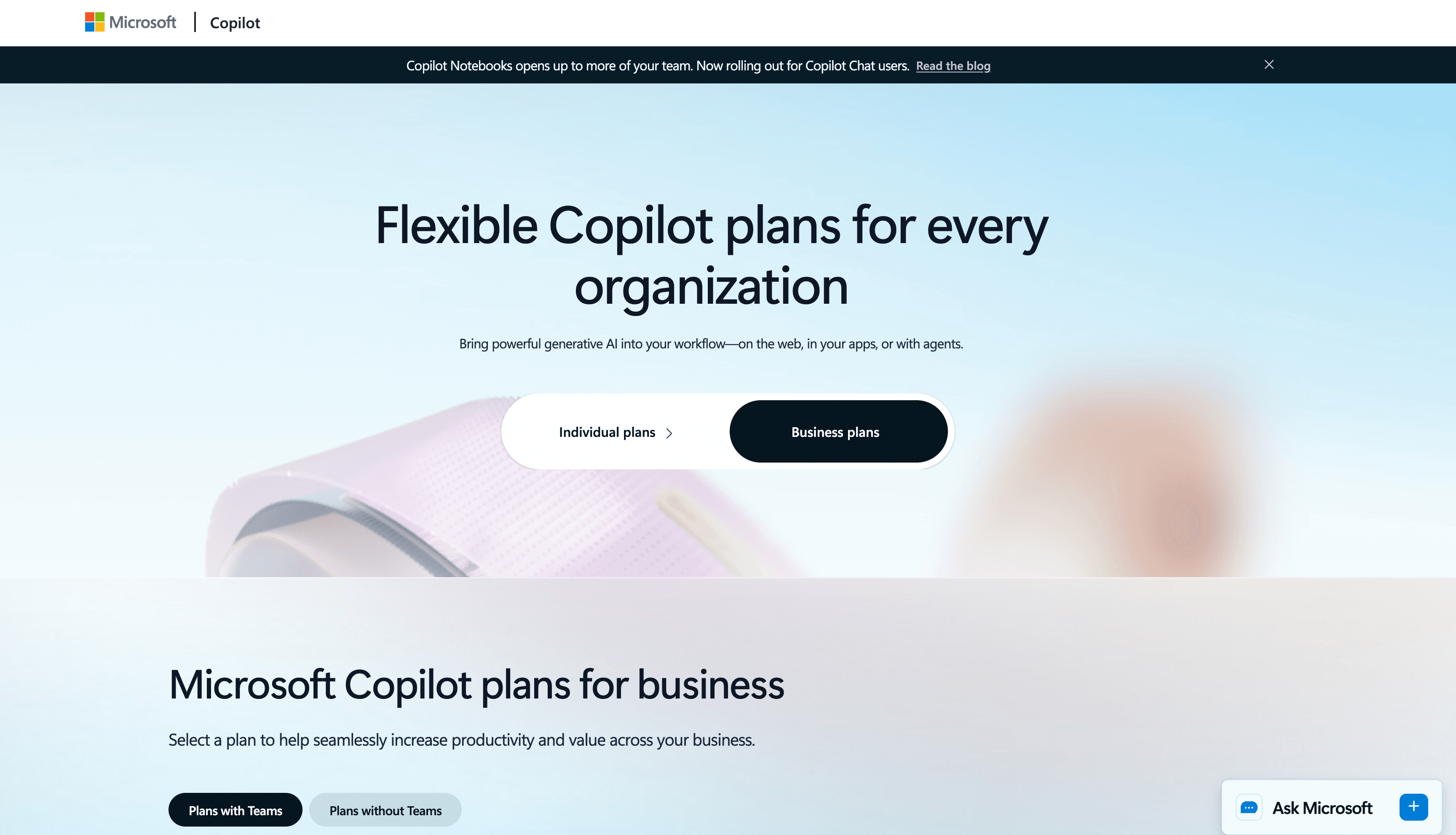 Microsoft Copilot plans page with Business plans selected and options for plans with or without Teams.