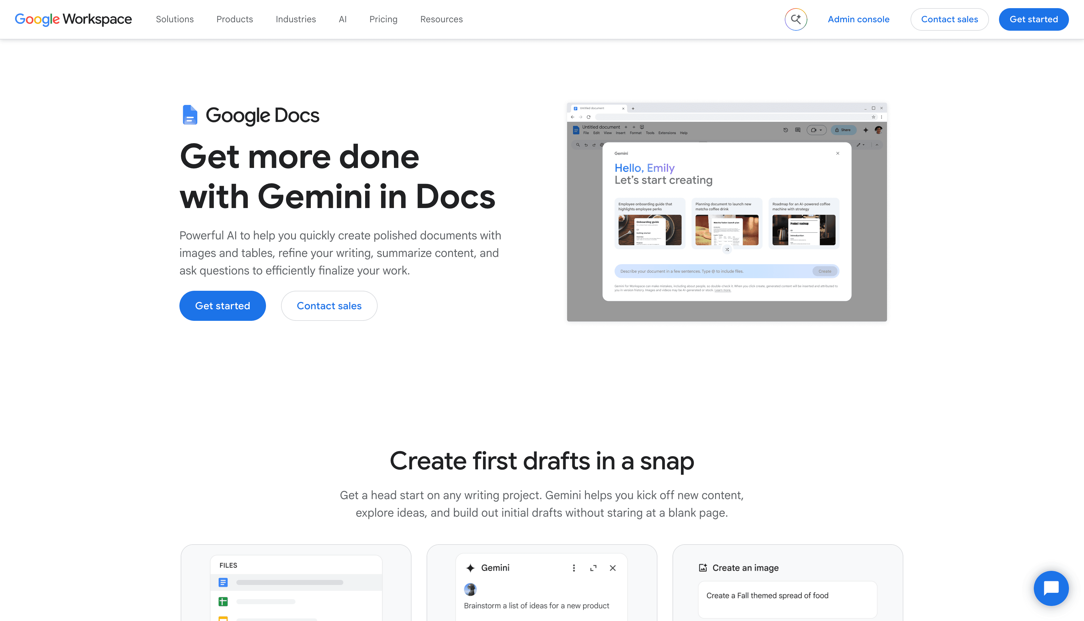 Google Workspace's Gemini in Docs page showing a document creation prompt and sample document previews.
