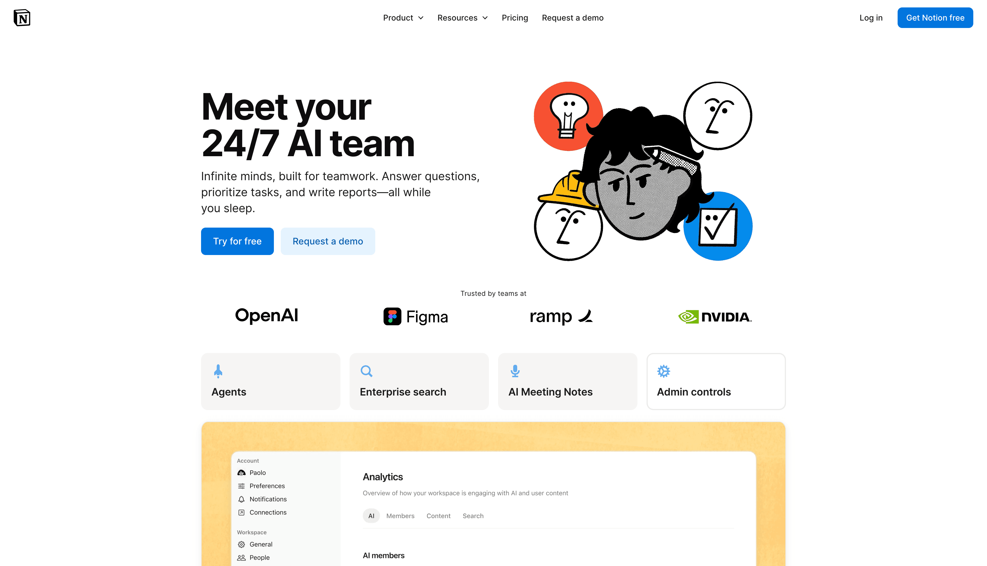 Notion AI page with sections for agents, enterprise search, AI meeting notes, and admin controls.