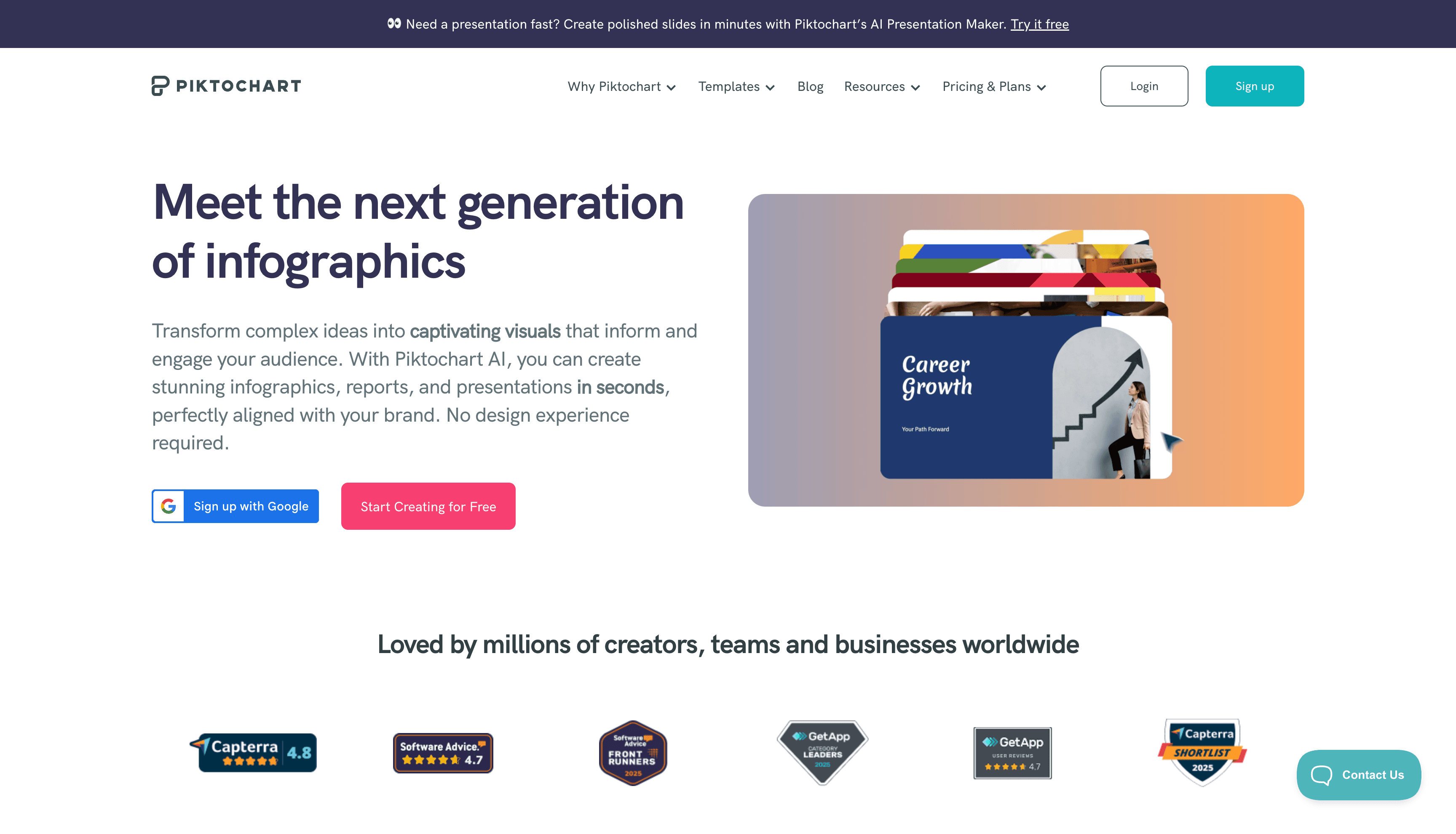 Piktochart homepage introducing AI infographics, reports, and presentations beside a stack of design previews.