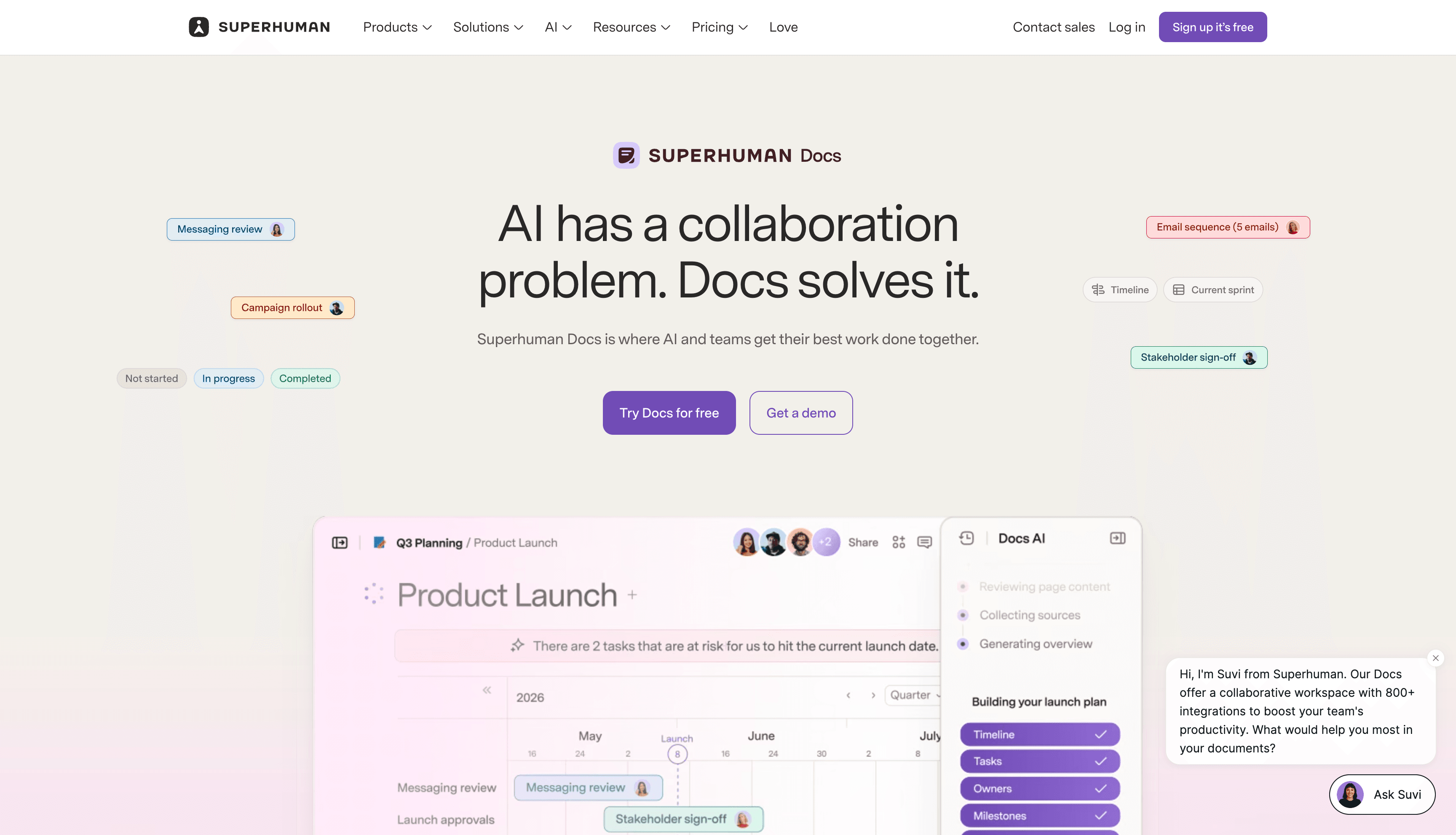 Superhuman Docs product page with a product launch timeline and a Docs AI panel.