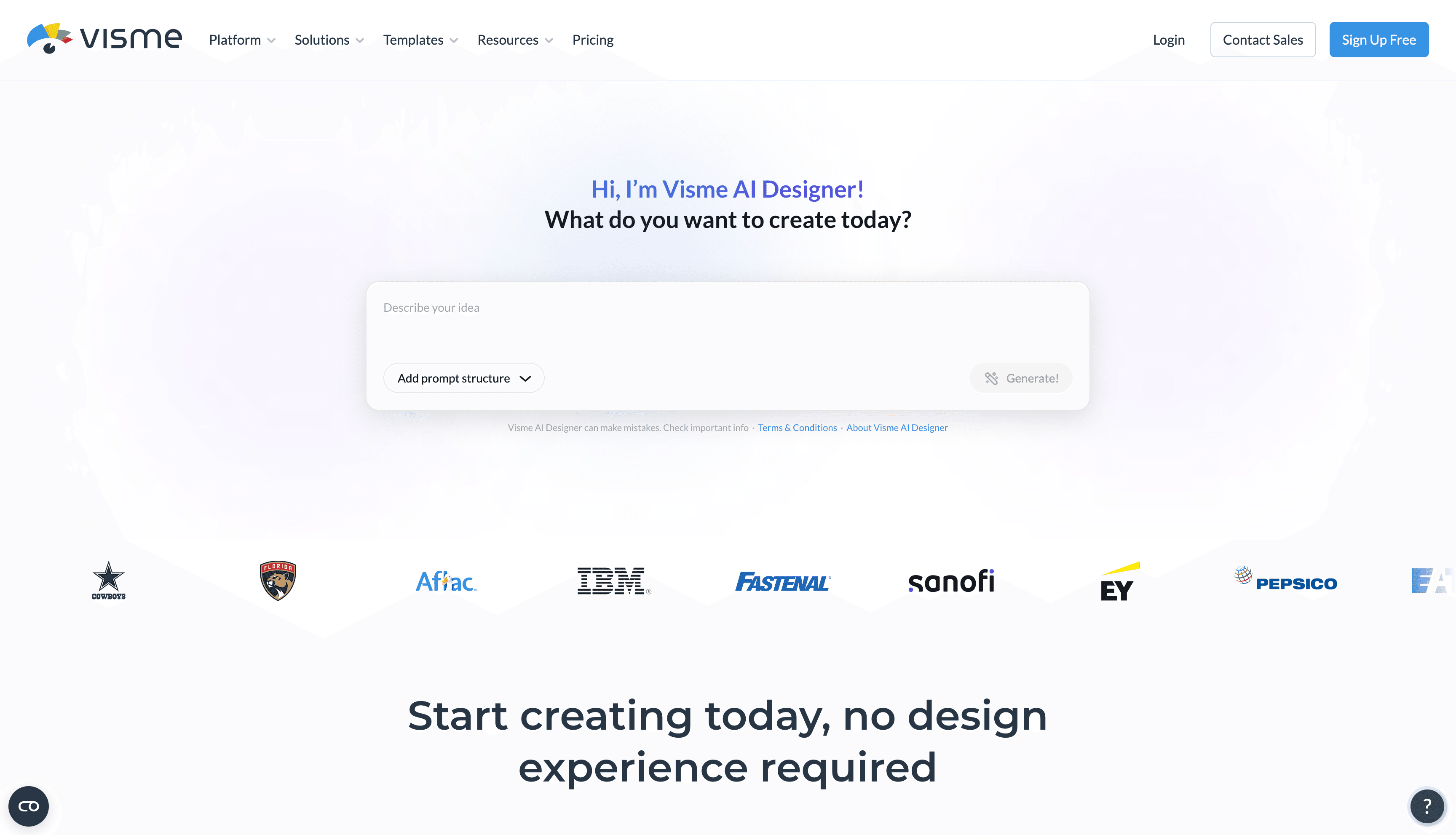 Visme AI Designer starting screen with an empty idea prompt, an Add prompt structure menu, and a Generate button.