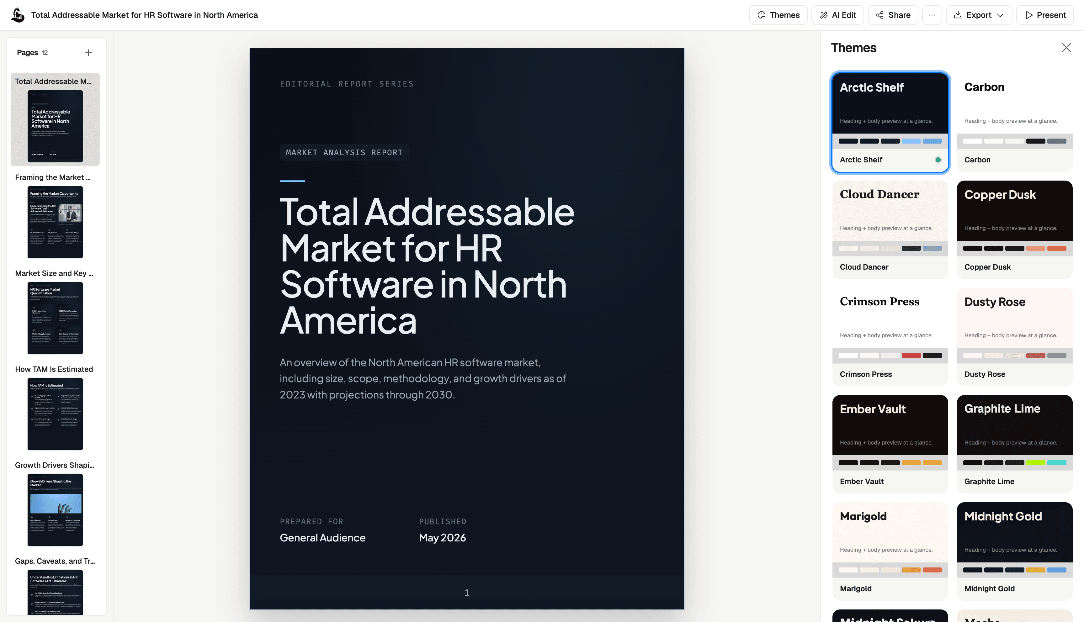 Document theme selection panel