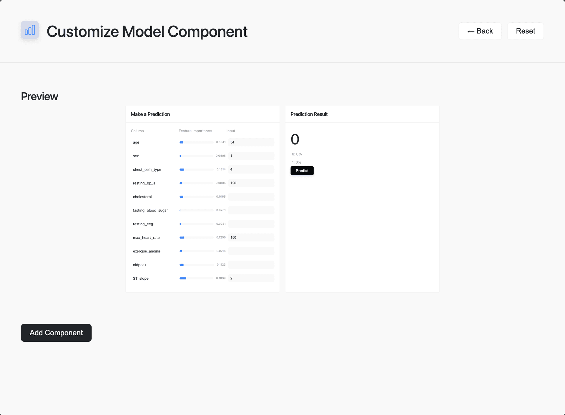 Model Component Settings modal showing live preview and configuration form