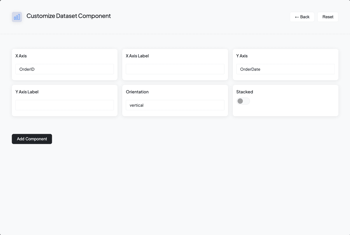 Form showing initial configuration options for a component