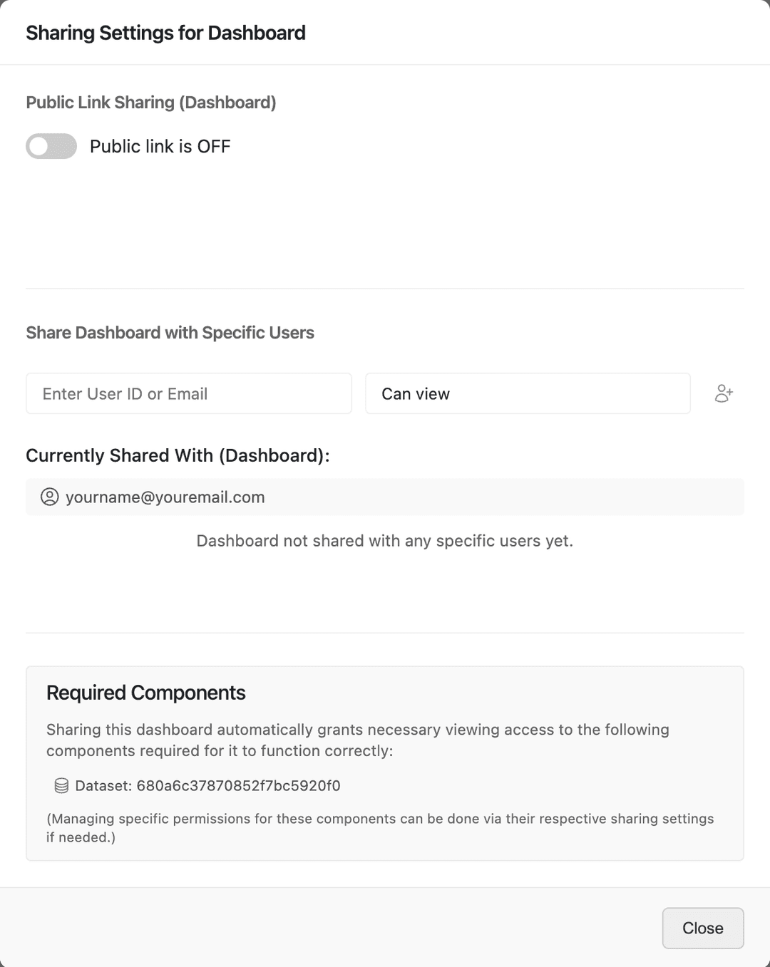 ML Clever dashboard sharing settings modal