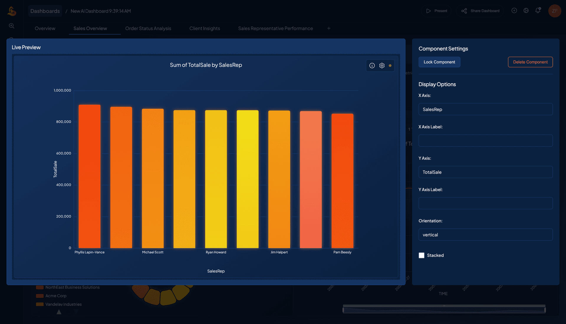 Component Settings modal showing live preview and configuration form