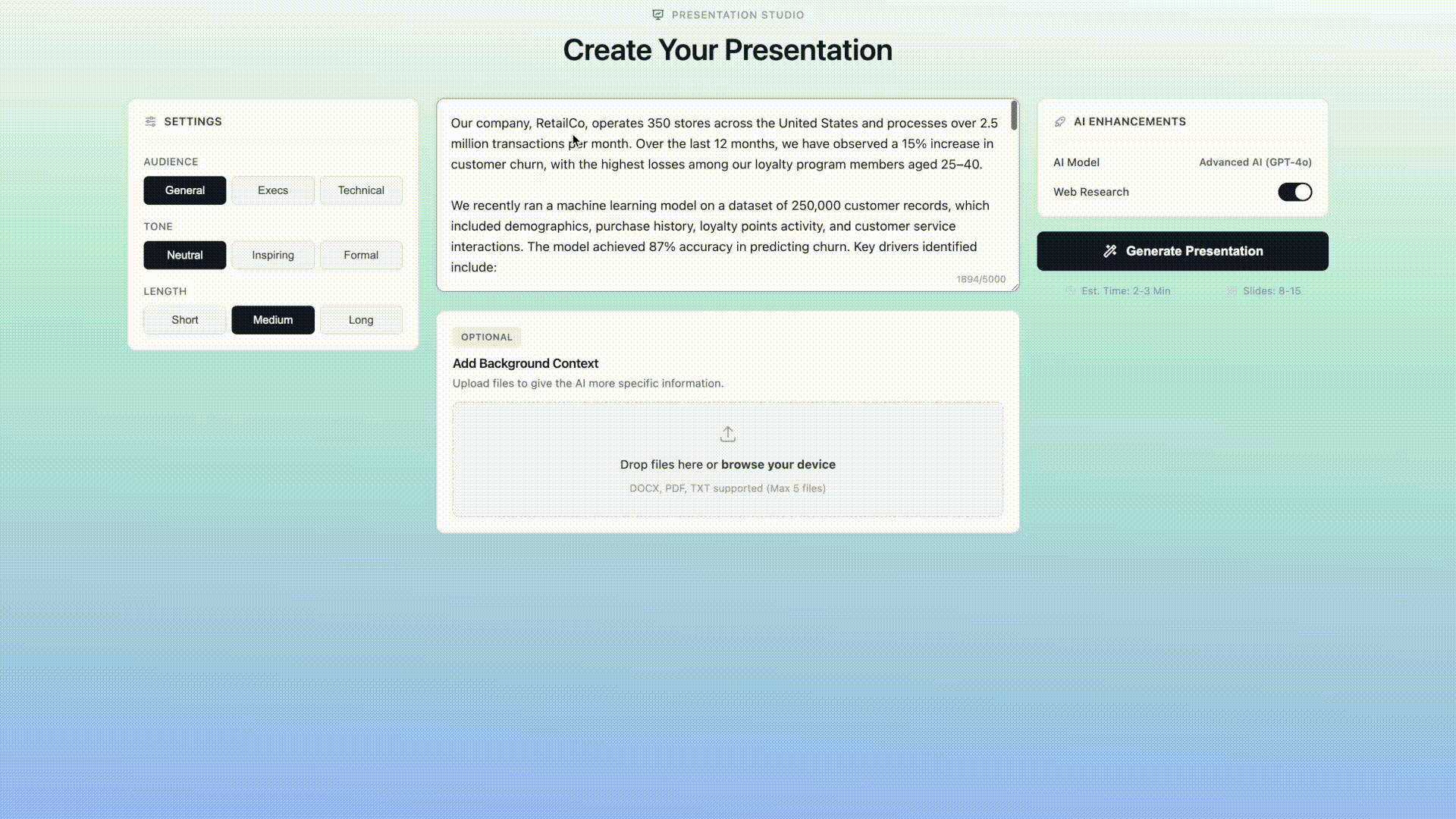 AI Presentation Generator transforming a prompt into a full slide deck