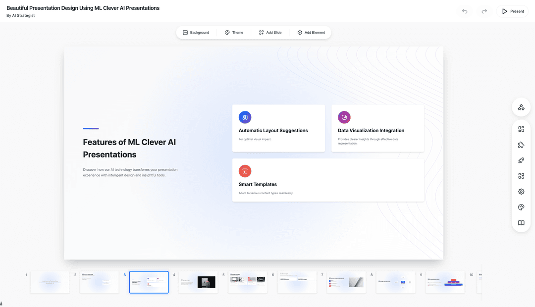 A finished presentation in the powerful editor.
