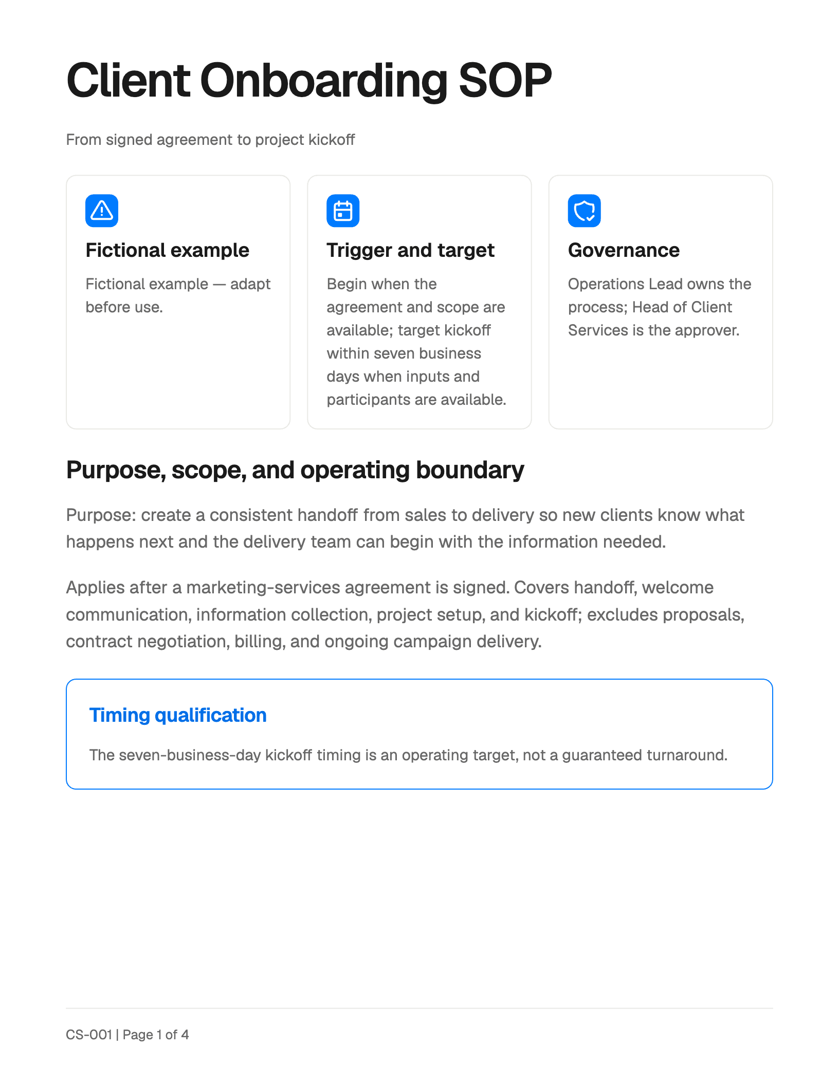 Client Onboarding SOP — From Signed Agreement to Project Kickoff — page 1: Purpose, scope, process ownership, and kickoff target