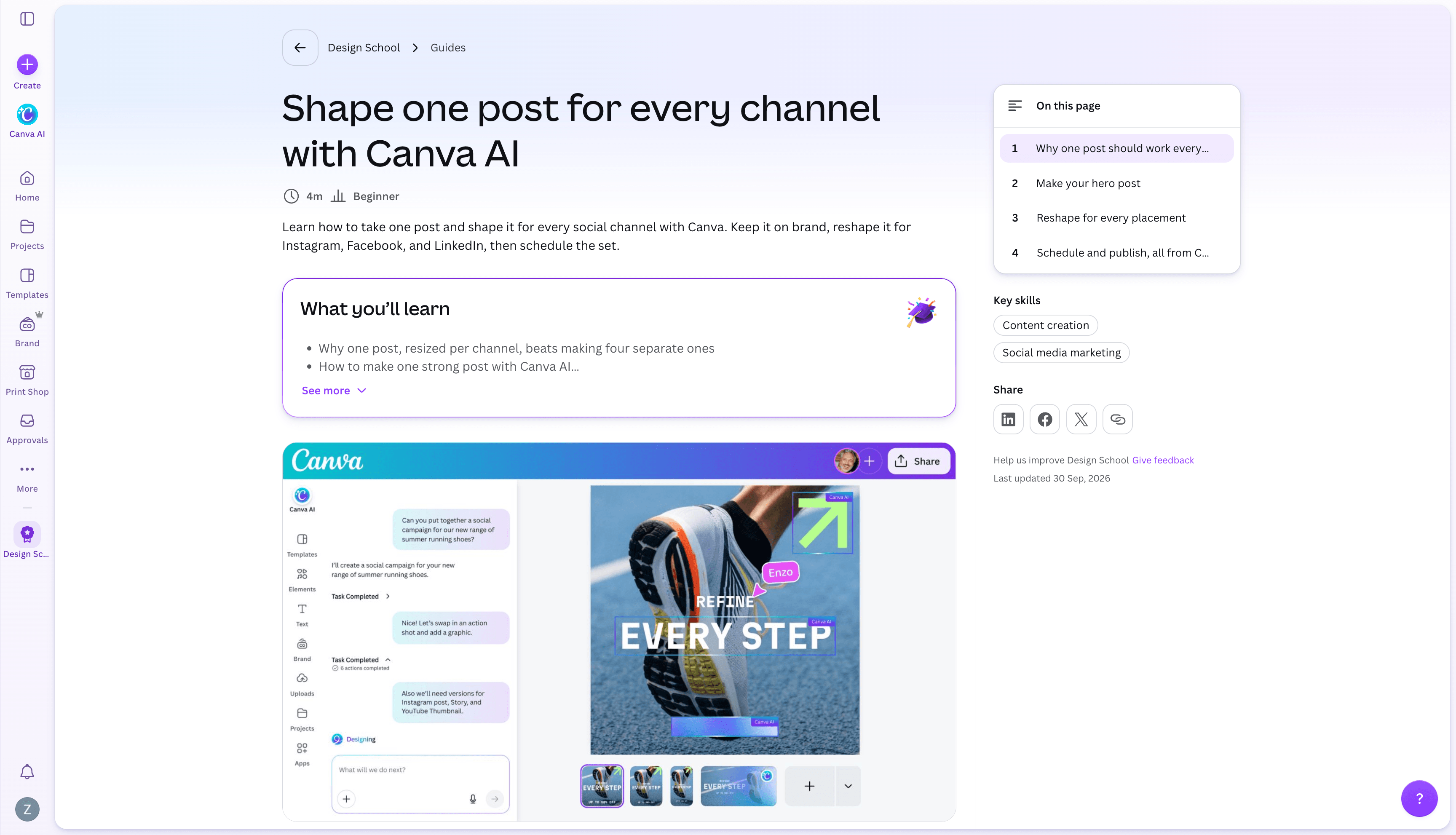 Canva's Design School guide shows an AI-assisted social campaign and instructions for adapting a post across channels.