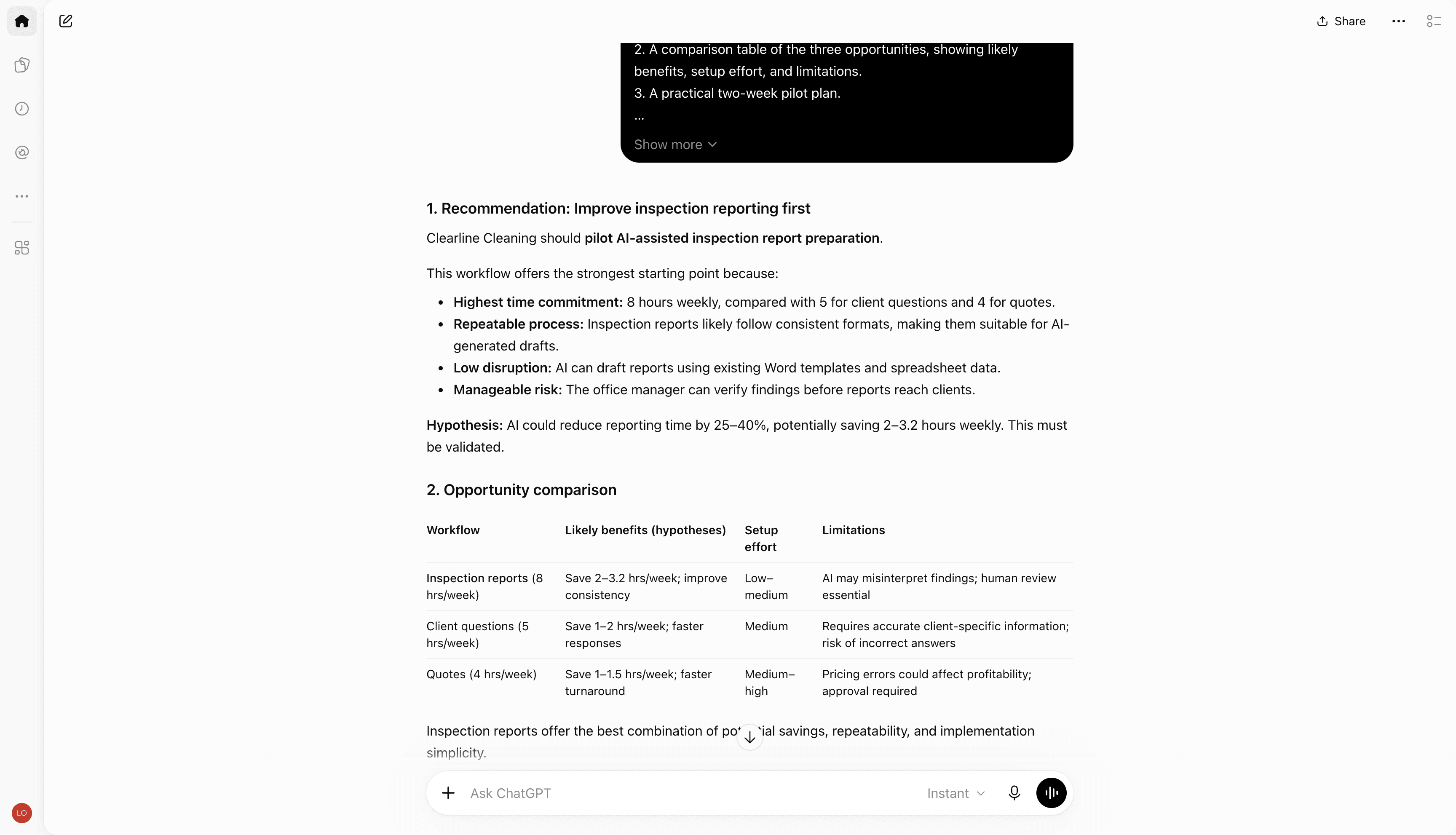 ChatGPT recommends an inspection-reporting pilot for fictional Clearline Cleaning and compares three possible workflows.