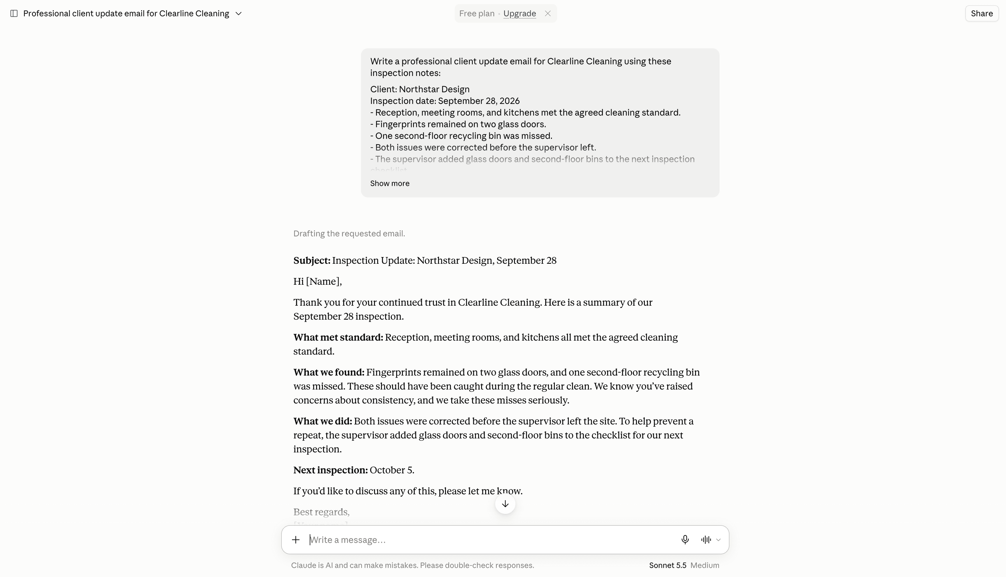 Claude drafts a client inspection update for Northstar Design from Clearline Cleaning's supplied notes.