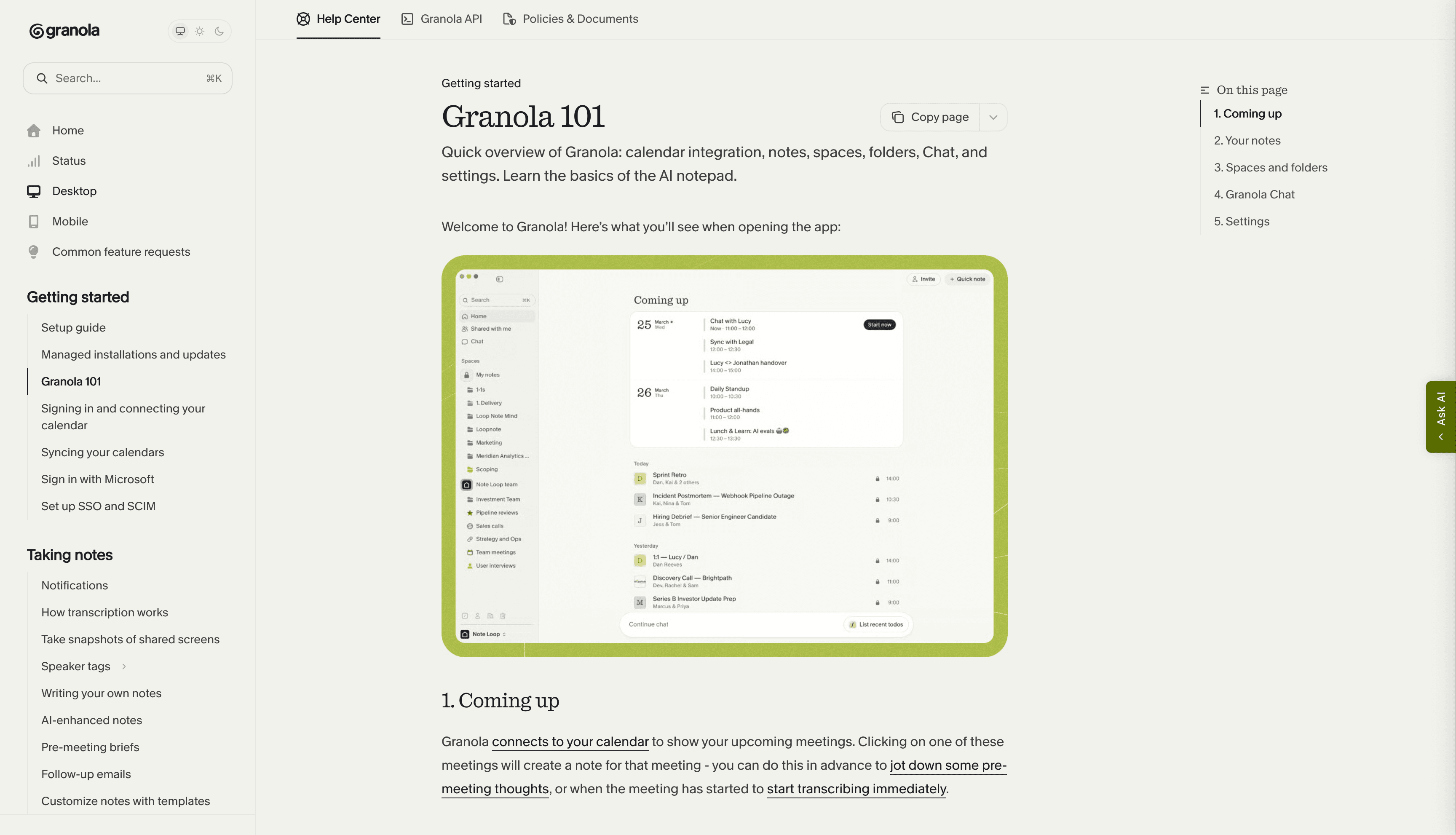 Granola's help center shows the Granola 101 guide and an example of the app's upcoming meetings and notes.