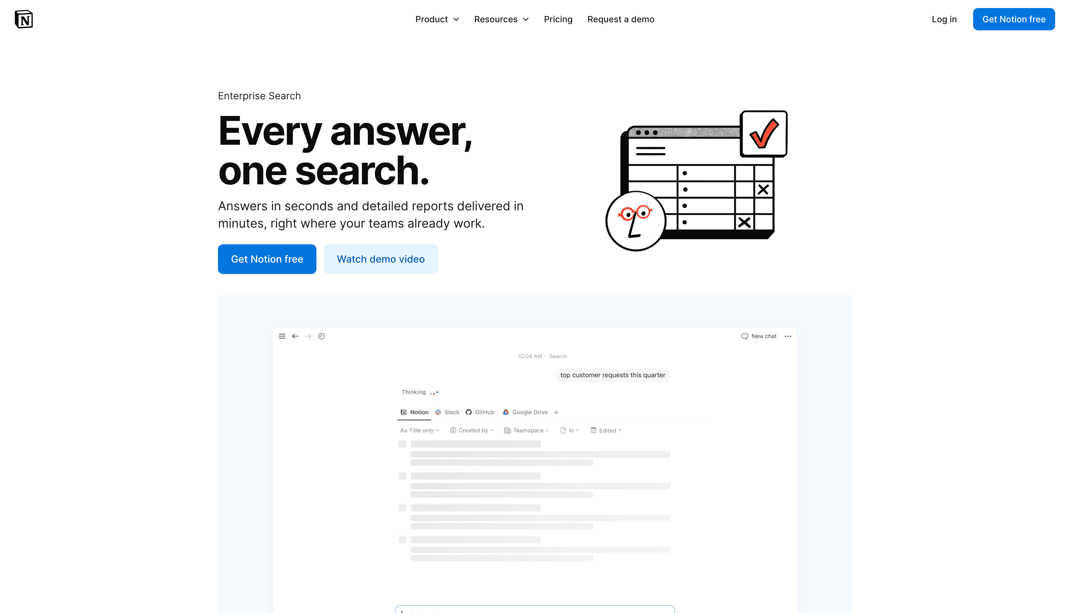 Notion's Enterprise Search product page shows its internal search offering and a sample workspace query.