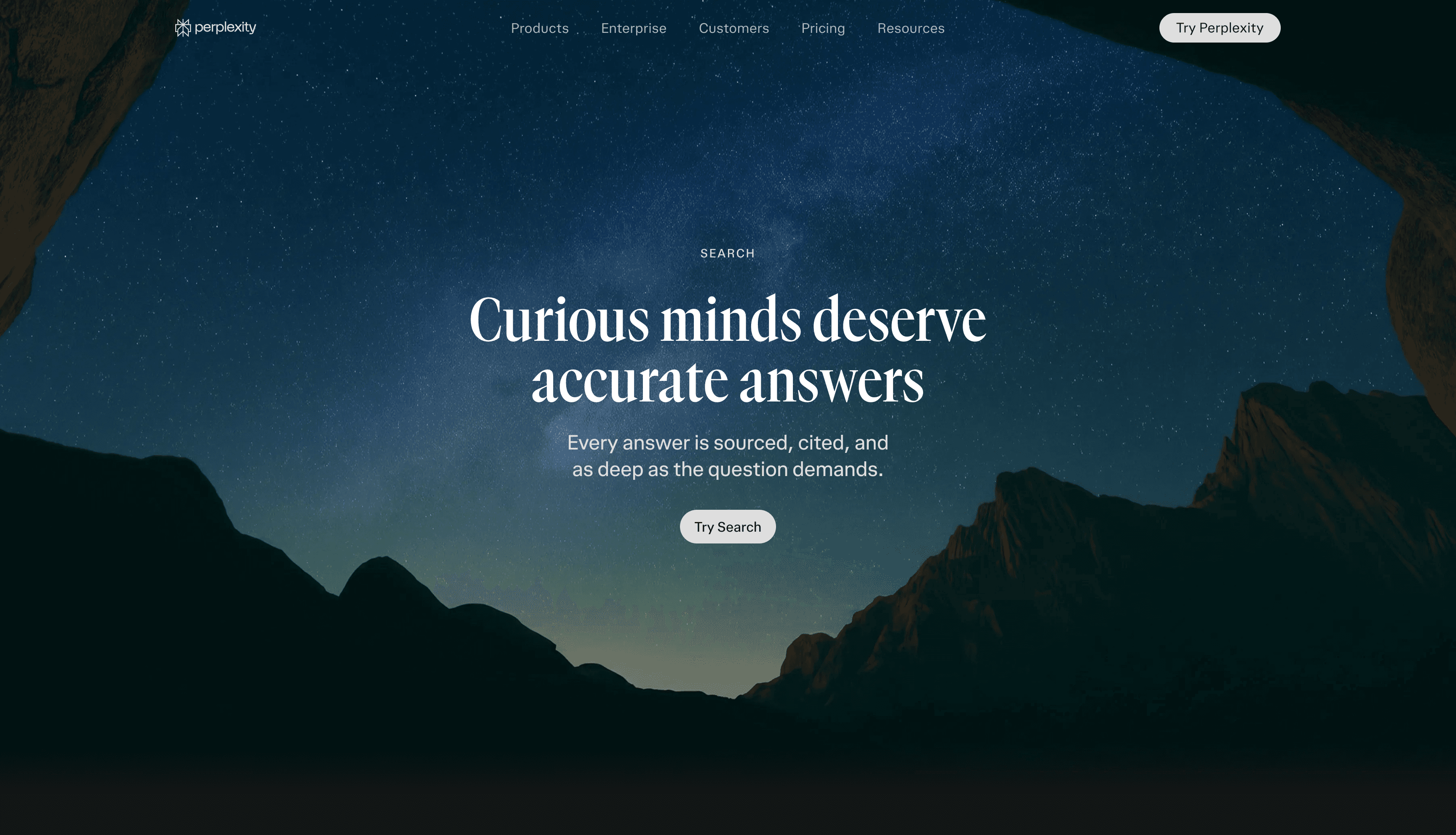 Perplexity's Search product page introduces its sourced-answer search experience.