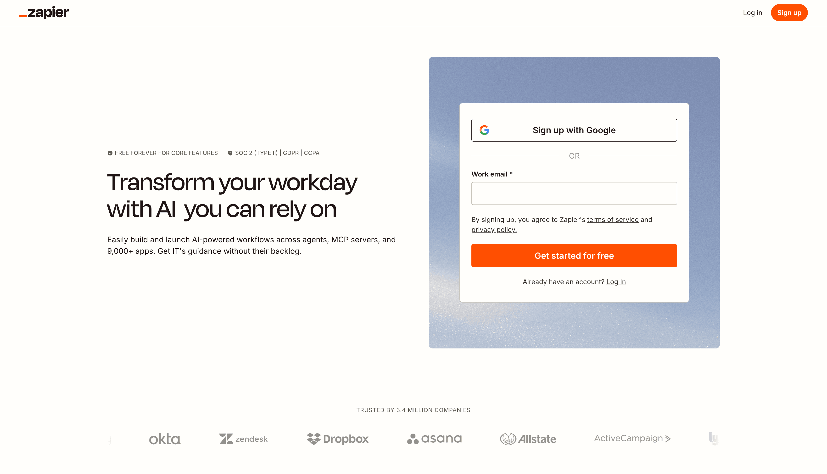 Zapier's signup page introduces its AI-powered workflows and business-app connections.