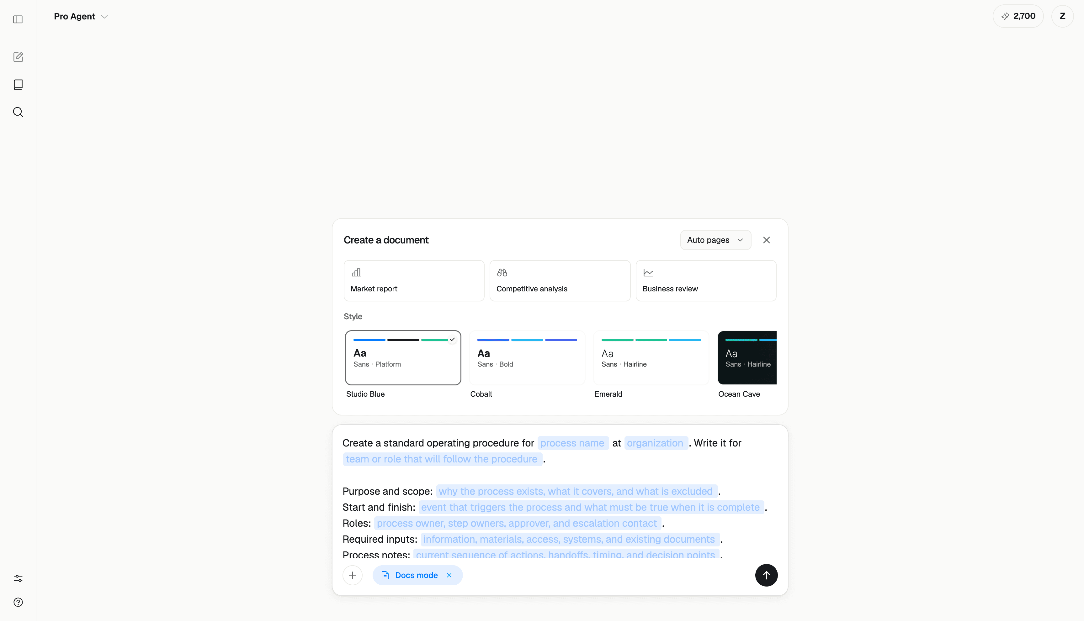 ML Clever Docs mode showing a reusable SOP prompt with highlighted process, organization, roles, and input fields, with Studio Blue selected.