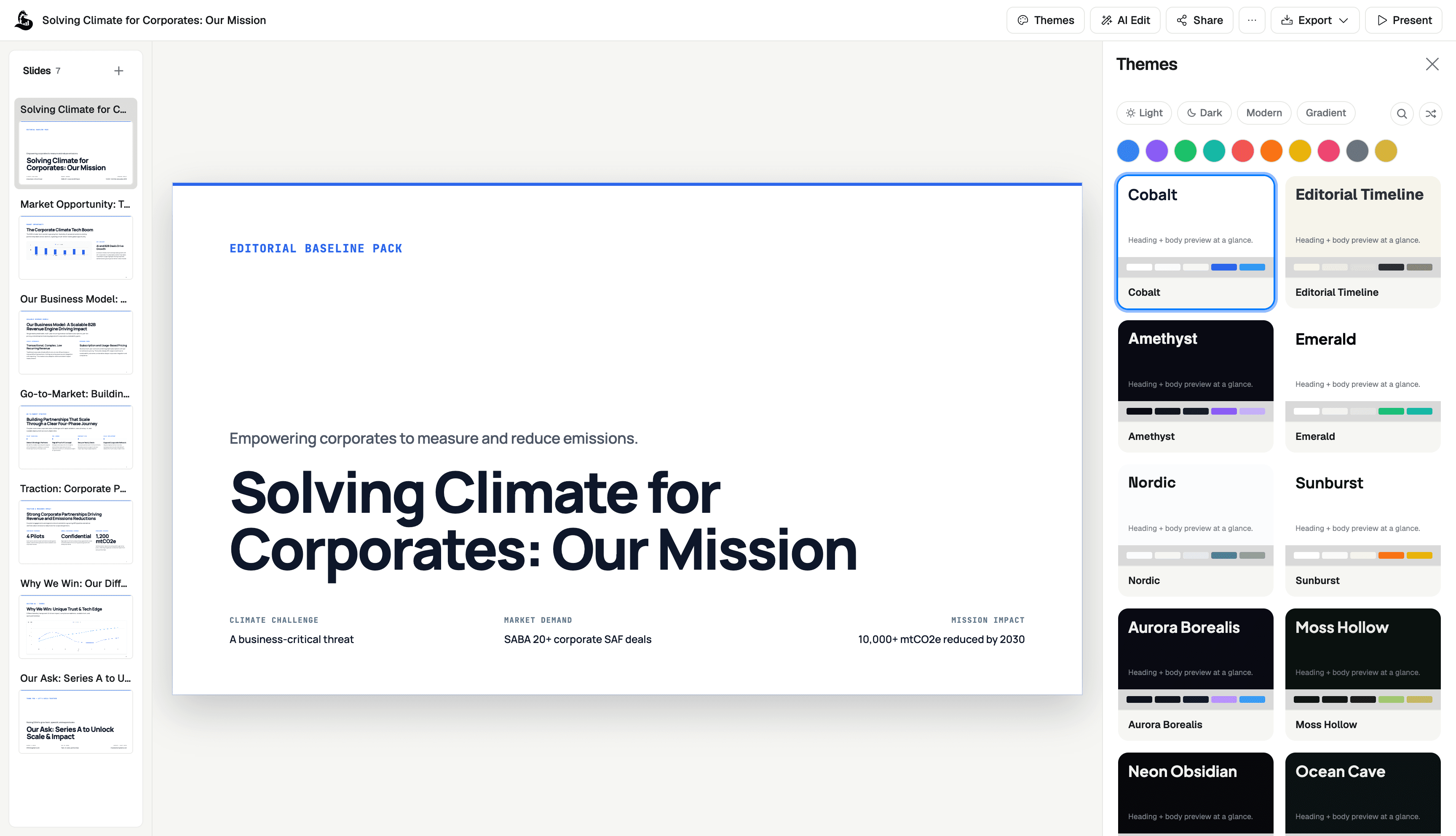 Presentation editor with theme selection panel