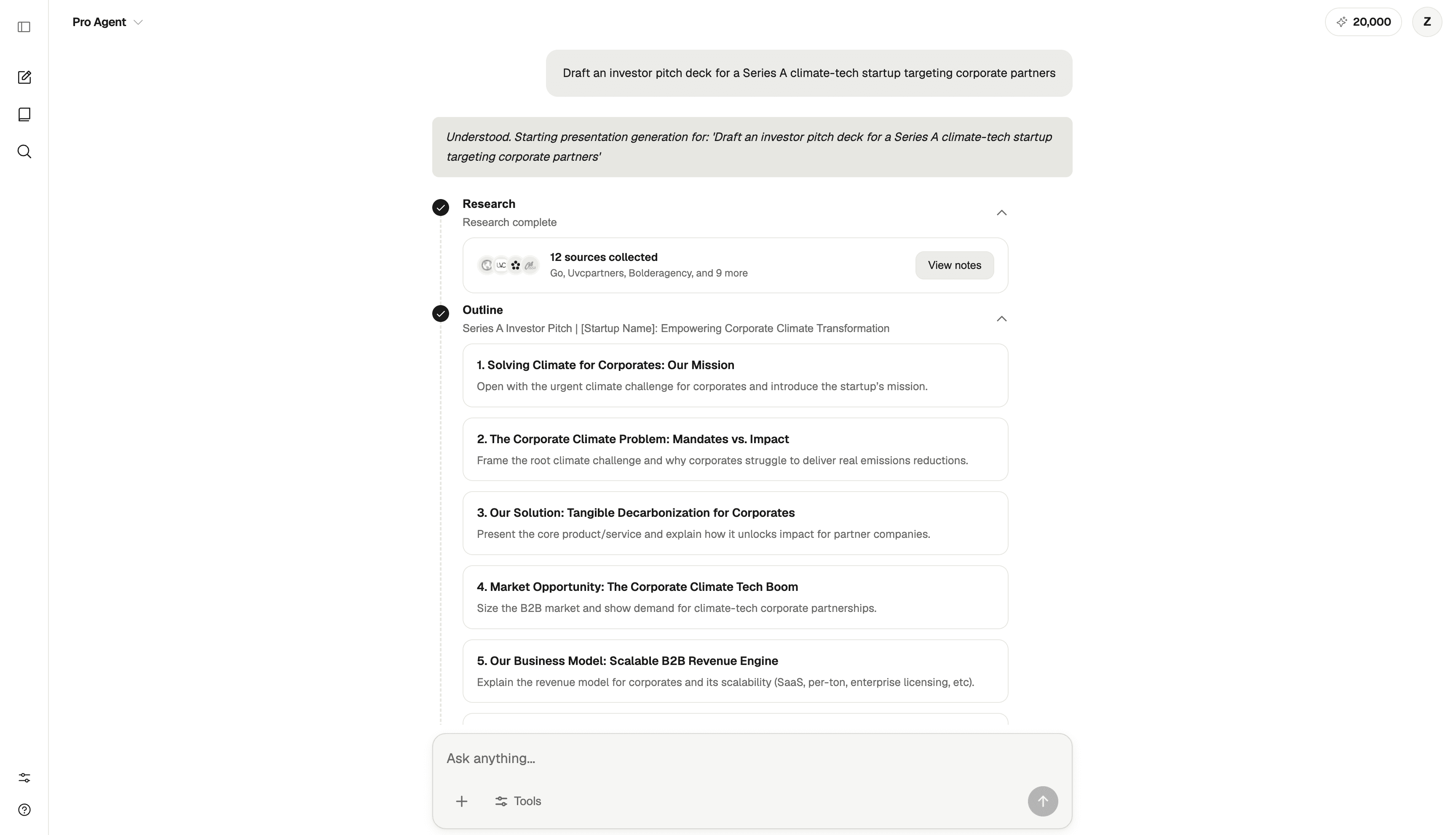 AI presentation generation outline with research sources