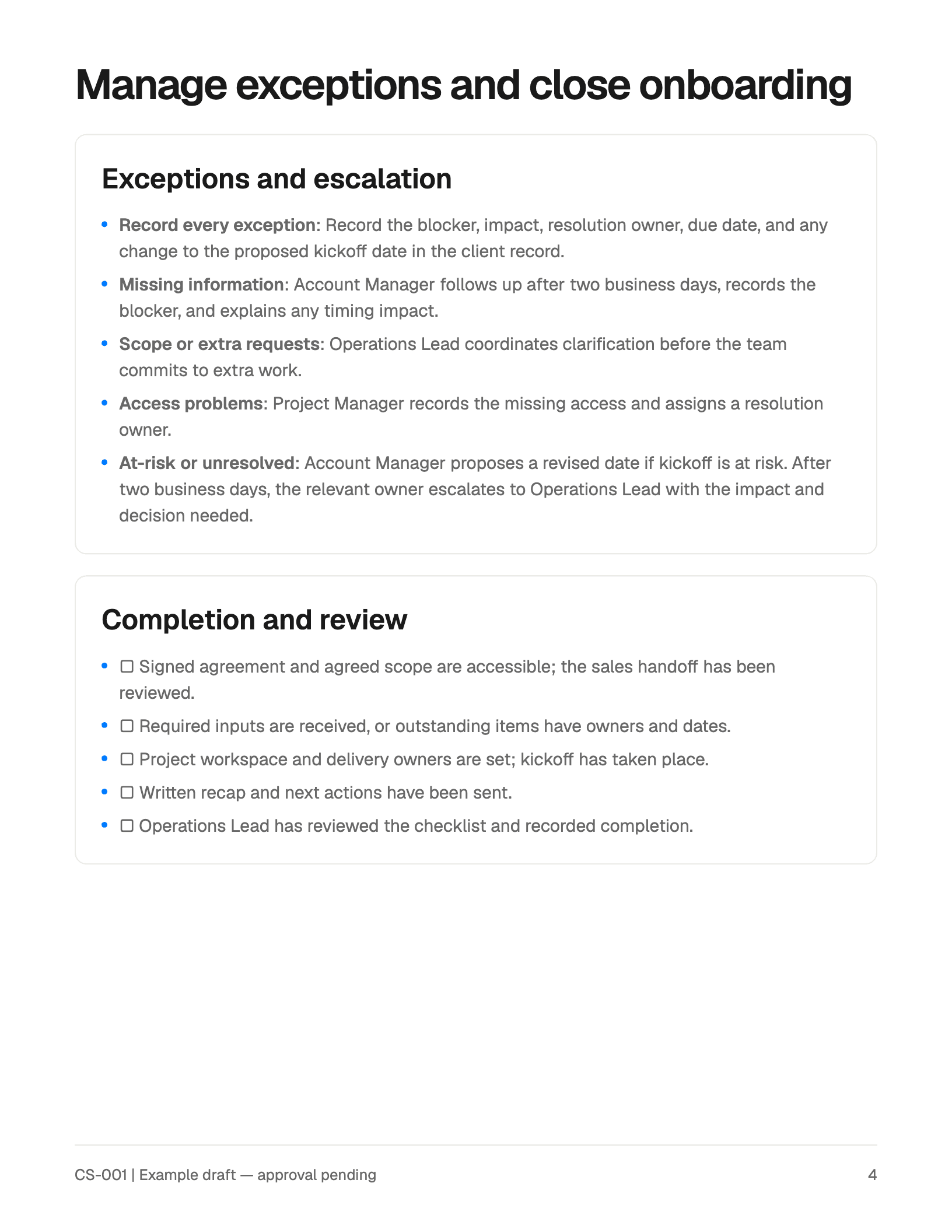 Final page of the client onboarding SOP draft with exception handling, escalation rules, and an unchecked completion checklist.