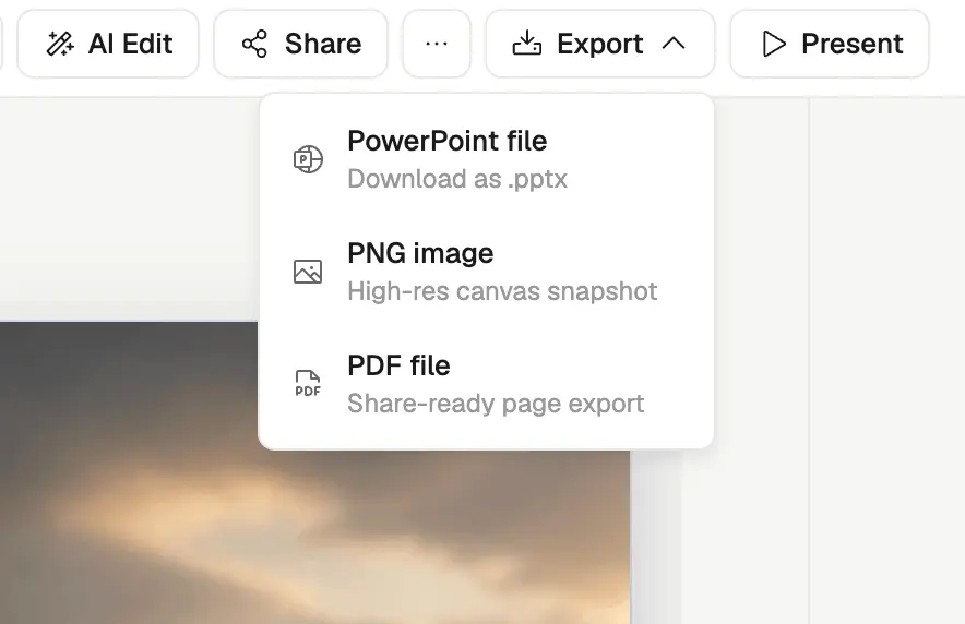 ML Clever export menu showing PowerPoint file, PNG image, and PDF file options