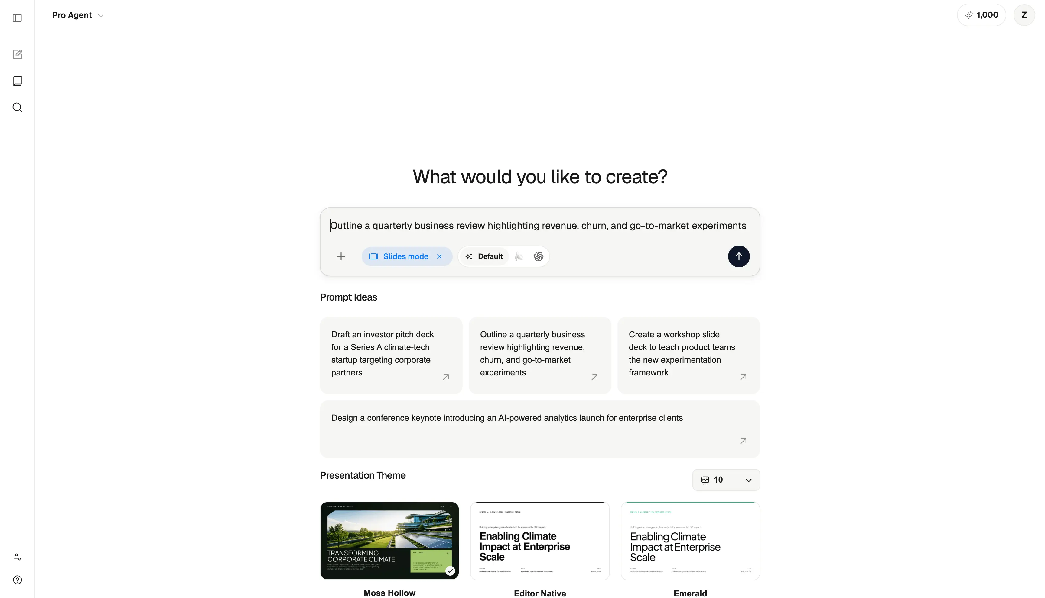 ML Clever Slides mode prompt for generating a presentation