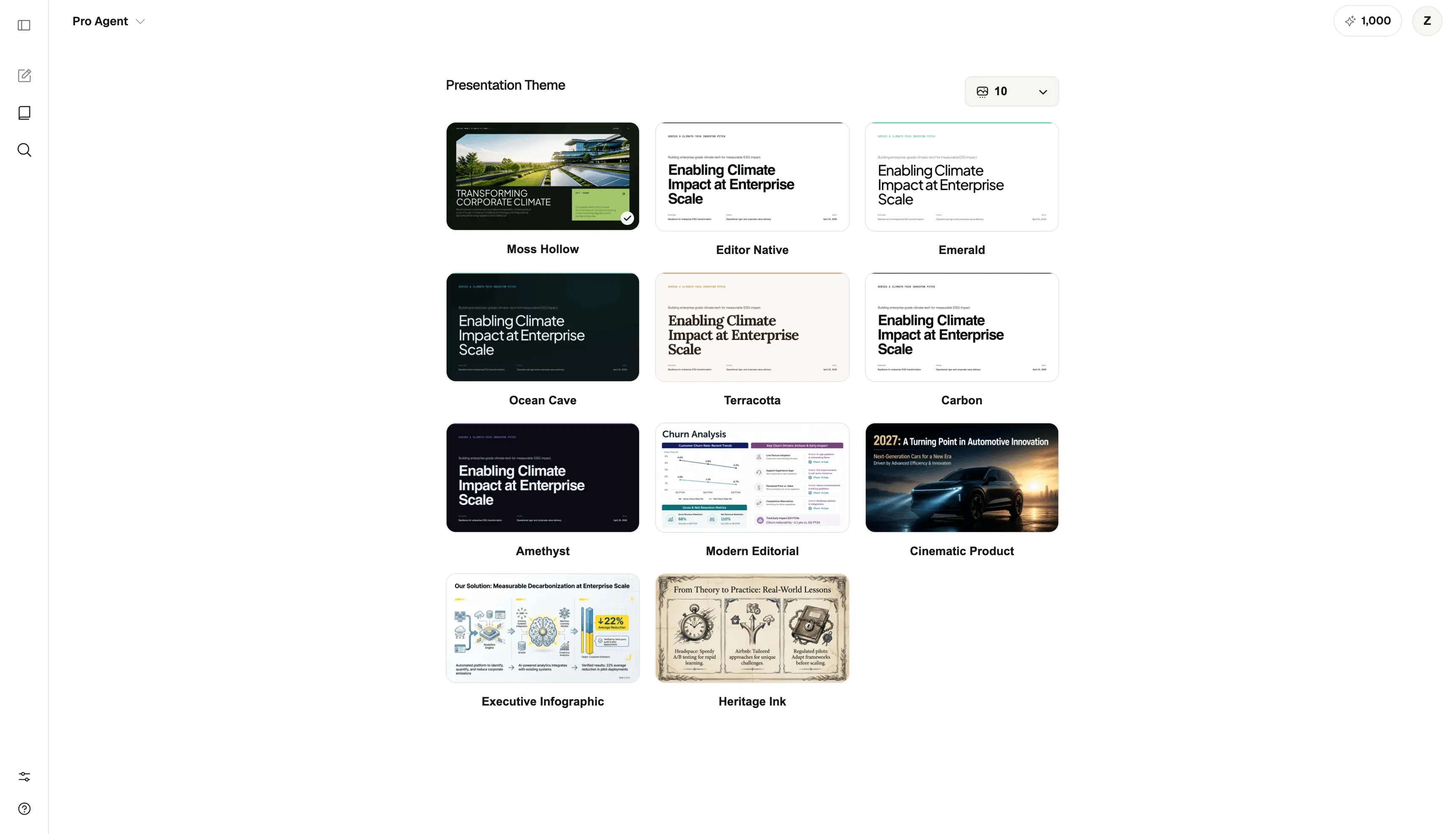 Presentation theme options for an AI-generated PowerPoint deck
