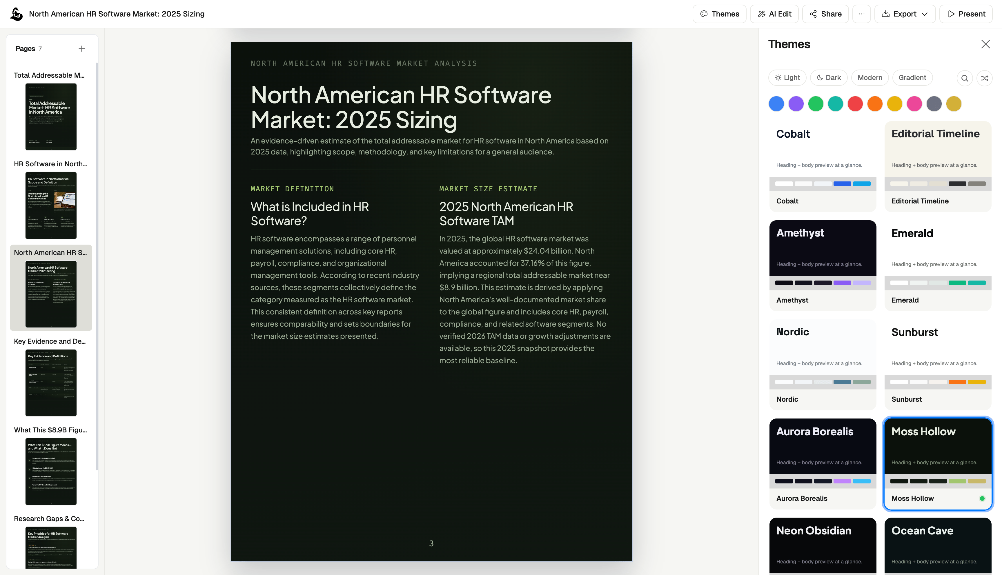 ML Clever document editor showing an AI report workspace