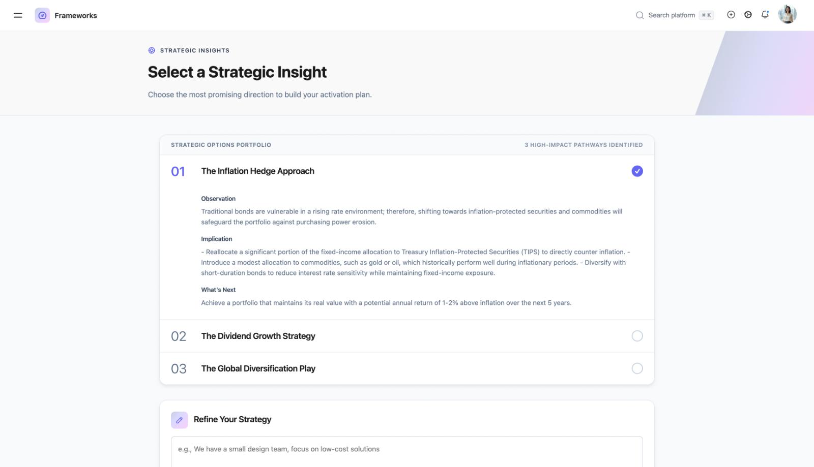Strategic insight selection interface