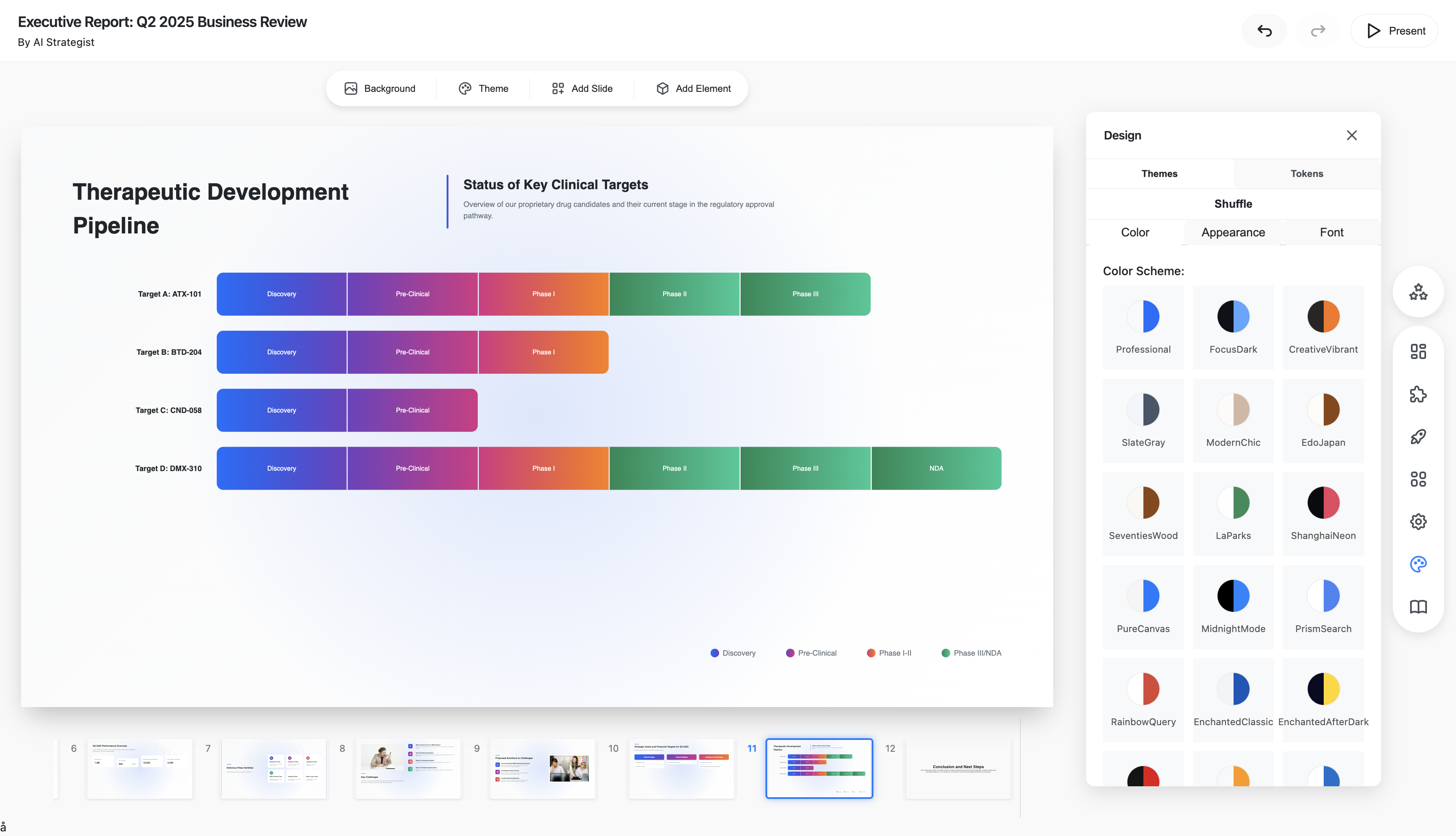 AI presentation design options showing brand kits and layouts.
